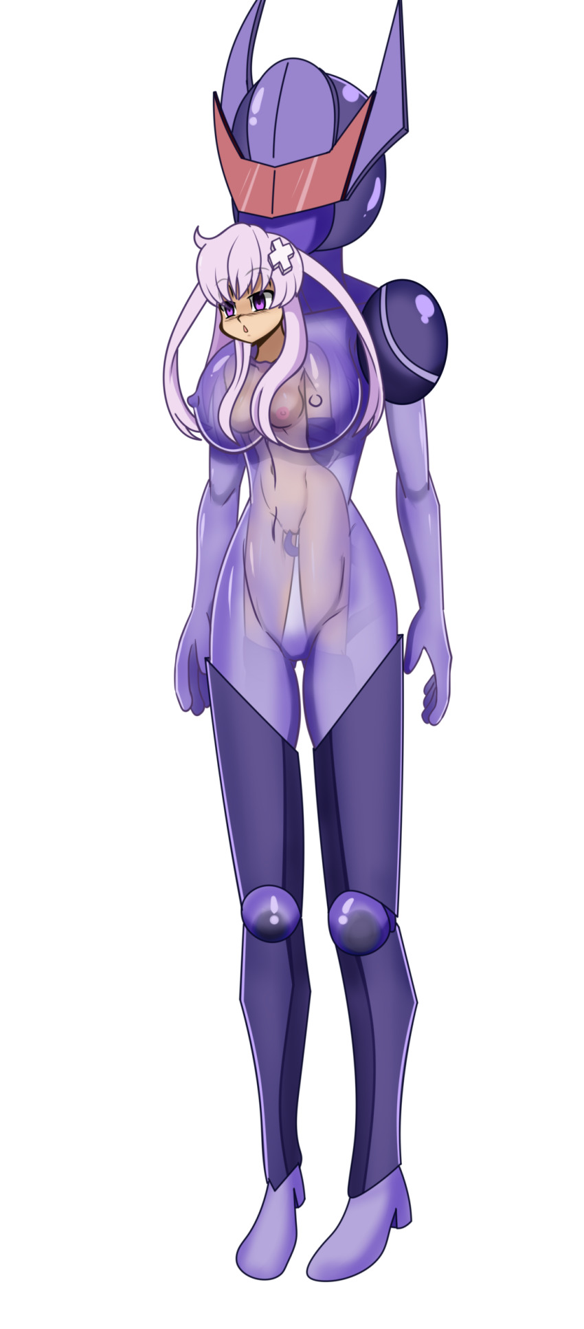absorption armor arms_behind_back bondage empty_eyes expressionless femsub giantess hyperdimension_neptunia idpet long_hair nepgear open_mouth purple_hair restrained robot see-through shoulder_pads sleepy slime