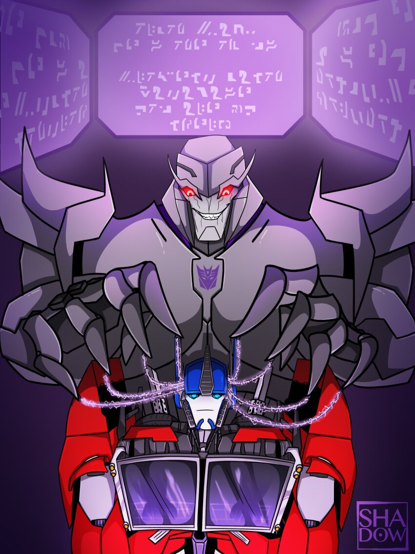bare_shoulders blue_eyes evil_smile expressionless male_only maledom malesub megatron optimus_prime orion_pax red_eyes robot robot_boy shadowsiloe text transformers transformers_prime