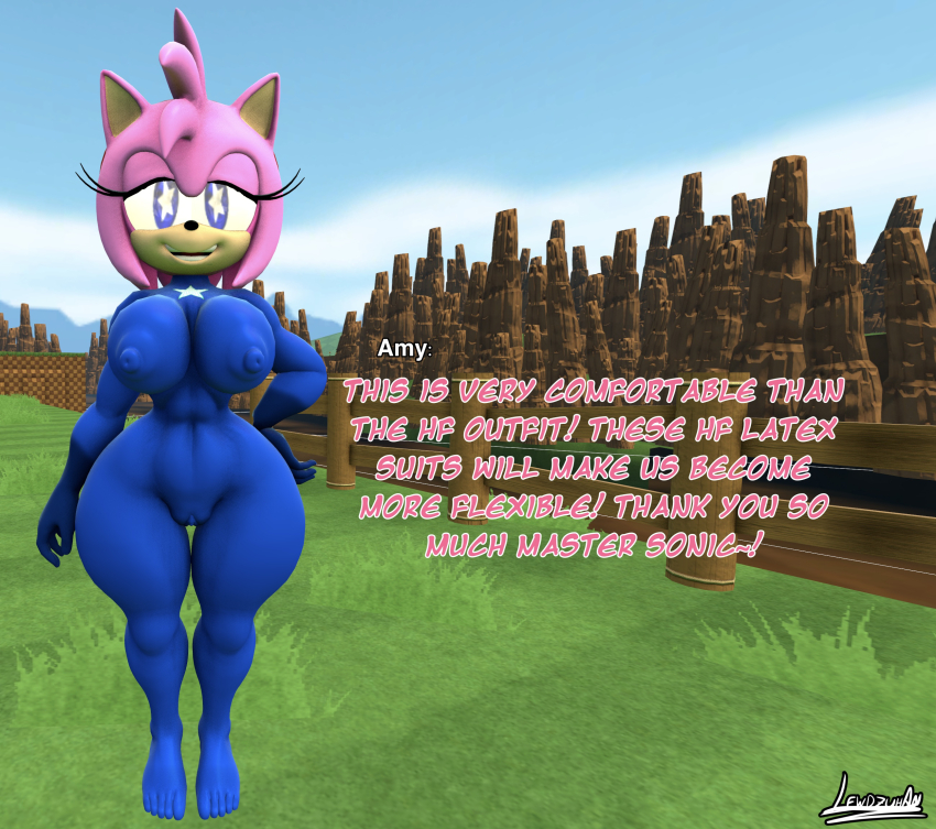 3d amy_rose ass bodysuit bottomless breasts erect_nipples erect_nipples_under_clothes exkaizuhan female_only femsub furry happy_trance hedgehog_girl large_breasts latex nipples nude open_mouth pussy sonic_the_hedgehog_(series) text topless