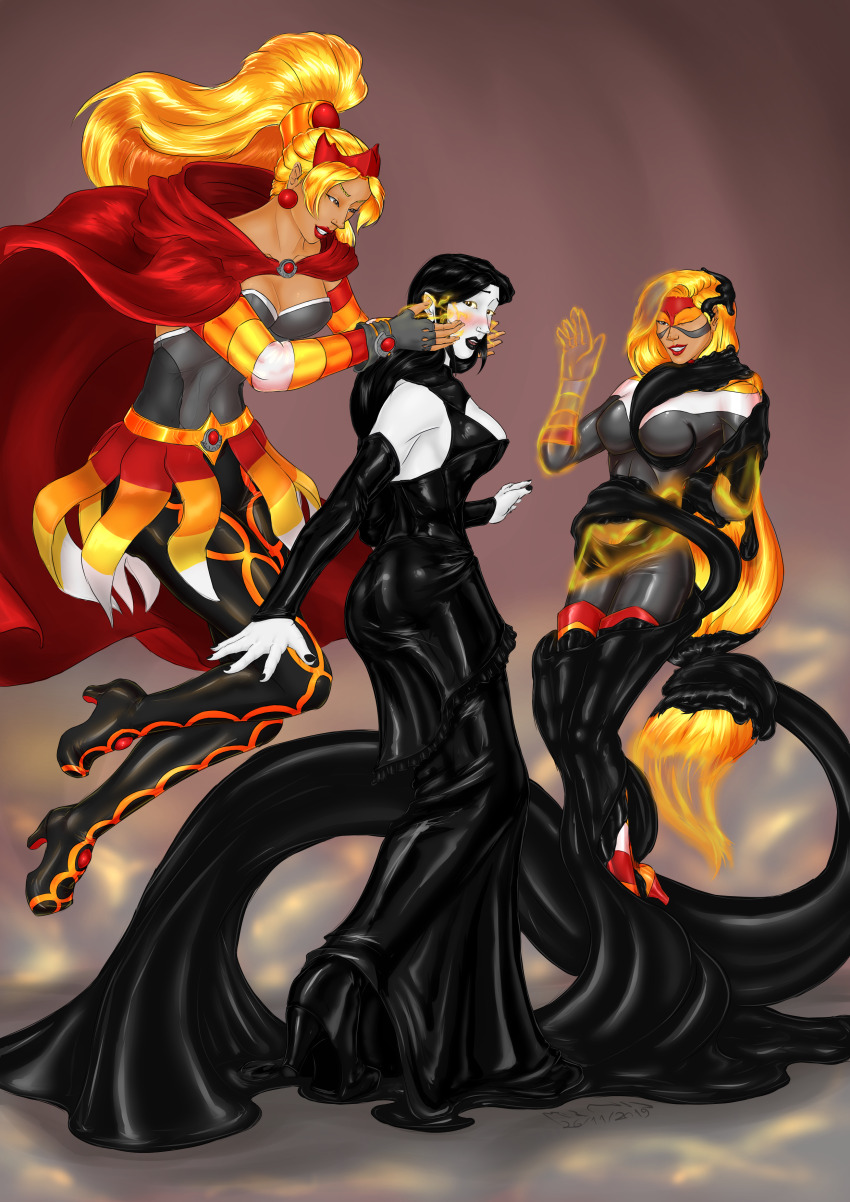 absurdres black_eyes black_hair bodysuit boots breasts brown_eyes cape corset crown dress evil_smile female_only femdom femsub fingerless_gloves gloves glowing glowing_eyes high_heels hypnotia illusion jewelry large_breasts latex long_hair marvel_comics open_mouth opera_gloves original pale_skin ponytail quillspawn_(madamkistulot) rotem_dishon simple_background slime smile super_hero surprised tentacles thigh_boots very_long_hair wink yuri
