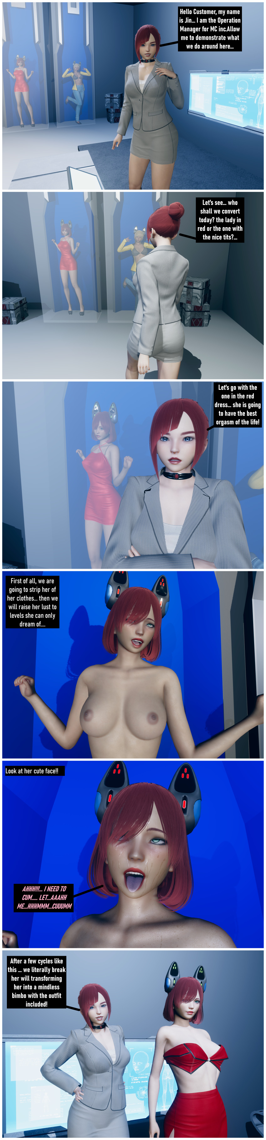 3d absurdres bottomless breasts ceaun5x5 comic dialogue female_only femsub jin_(ceaun5x5) milf multiple_girls navel open_mouth original short_hair skirt tagme tech_control text tongue tongue_out topless