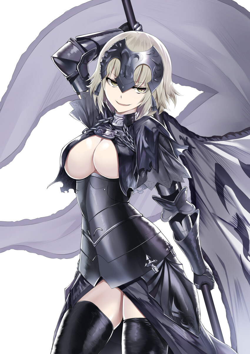 absurdres armor blonde_hair breasts cleavage corruption empty_eyes fate/apocrypha fate/grand_order fate_(series) halo_(artist) jeanne_d'arc_(fate) large_breasts short_hair thighhighs yellow_eyes