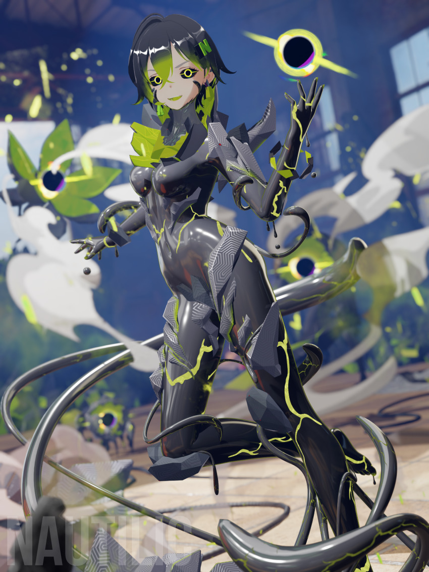 3d absurdres alternate_costume androgynous_dom barefoot belle_(zenless_zone_zero) black_hair black_sclera breasts complex_background corruption earrings ethereal_(zenless_zone_zero) evil_smile eye_color_change femsub finalizer14 green_eyes green_hair hair_color_change looking_at_viewer multicolored_hair nautilic non-binary_dom orb parasite possession slime smile symbiote tentacles transformation zenless_zone_zero