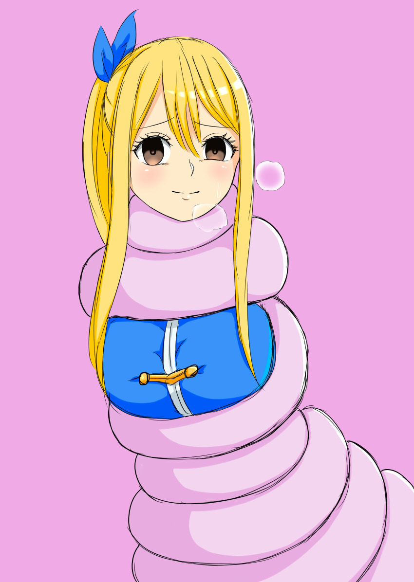 absurdres blonde_hair blush breasts brown_eyes coils empty_eyes fairy_tail female_only hair_ribbon long_hair lucy_heartfilia mian ponytail restrained simple_background smile solo tentacles