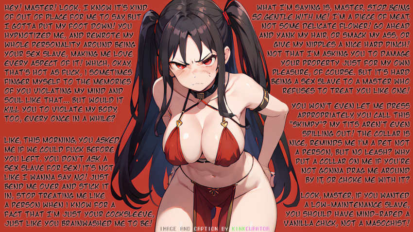 ai_art angry assertive_sub aware black_hair blush caption cleavage collar femsub harem_outfit kinkcurator_(manipper) loincloth looking_at_viewer maledom manip original pov_dom red_eyes text twintails