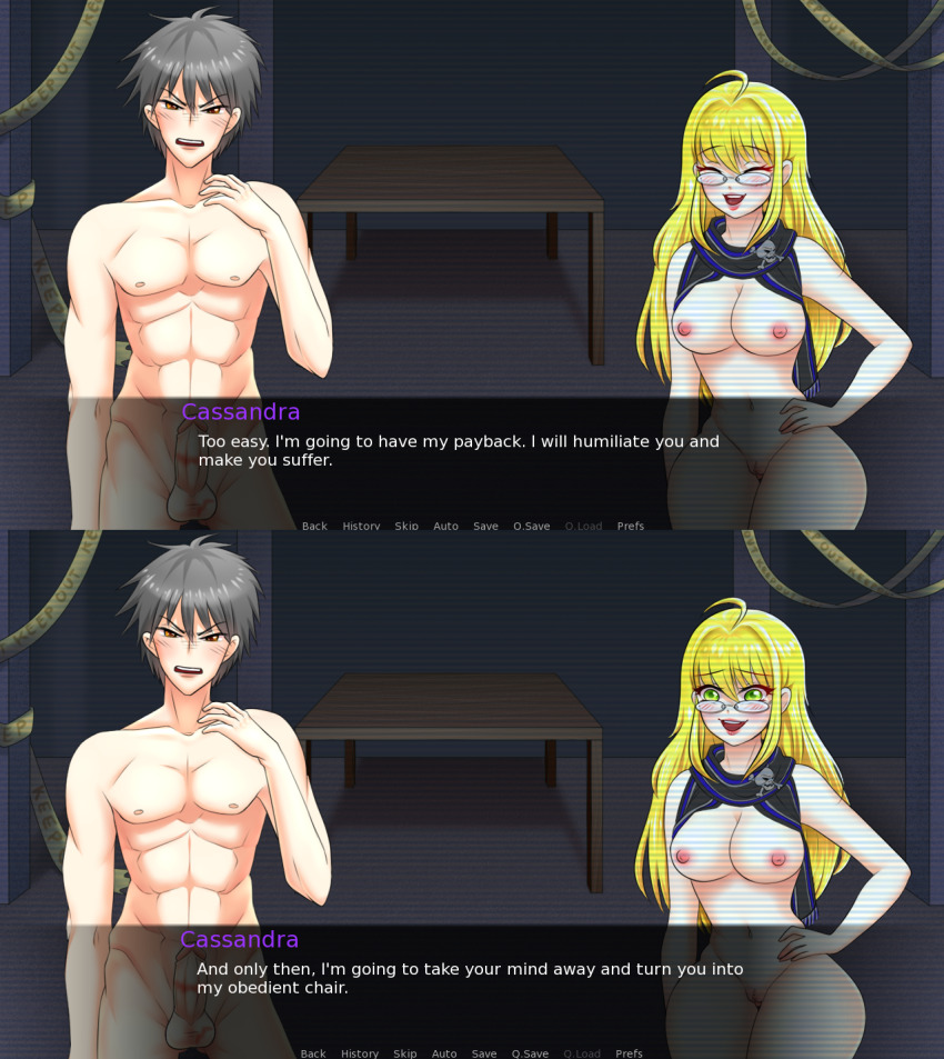 blonde_hair breasts cassandra_smith_(polishguy) femdom glasses grey_hair heterosexual hypnosis_bullies_and_other_high_school_problems jack_aaron_(polishguy) large_breasts lipstick_mark malesub original porniky screenshot text video_game vn_layout