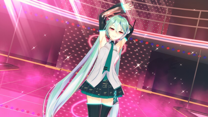 3d arm_warmers arms_above_head blue_hair boots breasts cyan_hair evil_smile female_only femsub koikatsu! looking_at_viewer miku_hatsune red_eyes shirt skirt small_breasts smile solo standing taihou1944 thigh_boots thighhighs tie twintails very_long_hair vocaloid