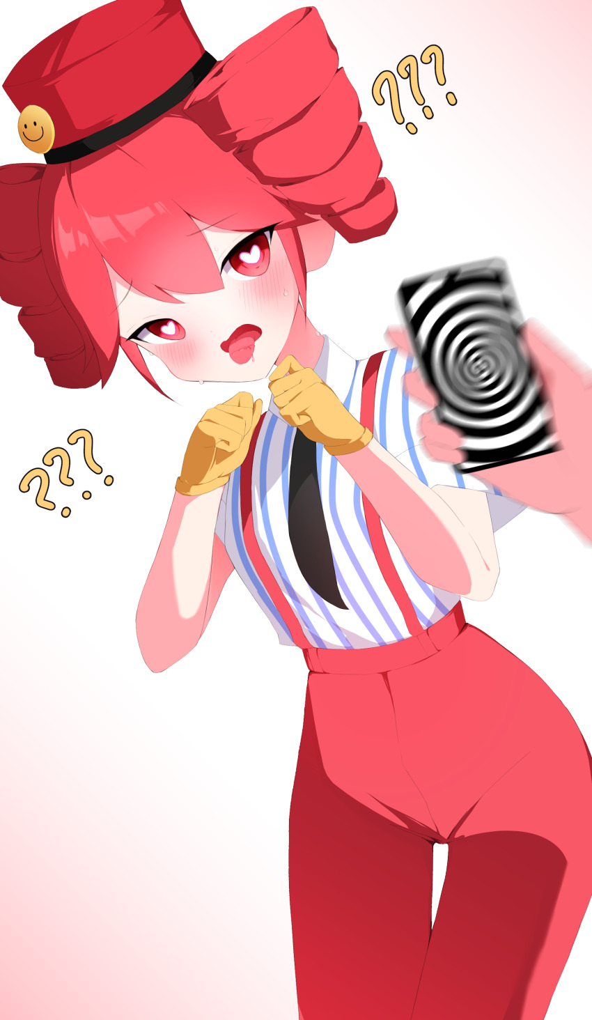 blush clothed drill_hair drool female_only femsub hat heart heart_eyes hypnotic_app hypnotic_screen kita looking_at_viewer love mesmerizer_(vocaloid) open_mouth pov_dom red_eyes red_hair simple_background solo spiral teto_kasane tongue tongue_out vocaloid white_background