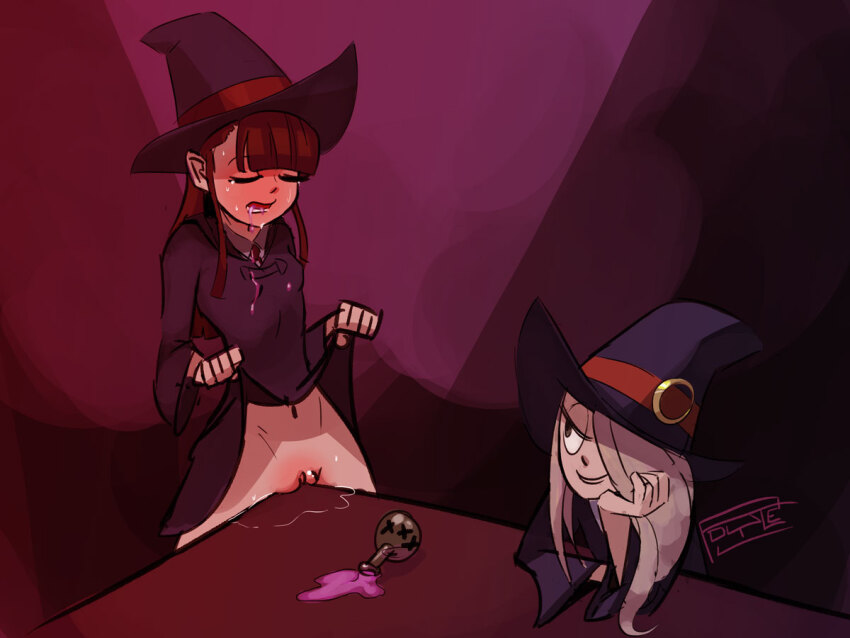 akko_kagari bottomless breasts brown_hair closed_eyes crotch_rub drool female_only femdom femsub hat little_witch_academia long_hair magic open_mouth polyle potion pussy pussy_juice skirt skirt_lift small_breasts smile smirk sucy_manbavaran sweat table witch witch_hat