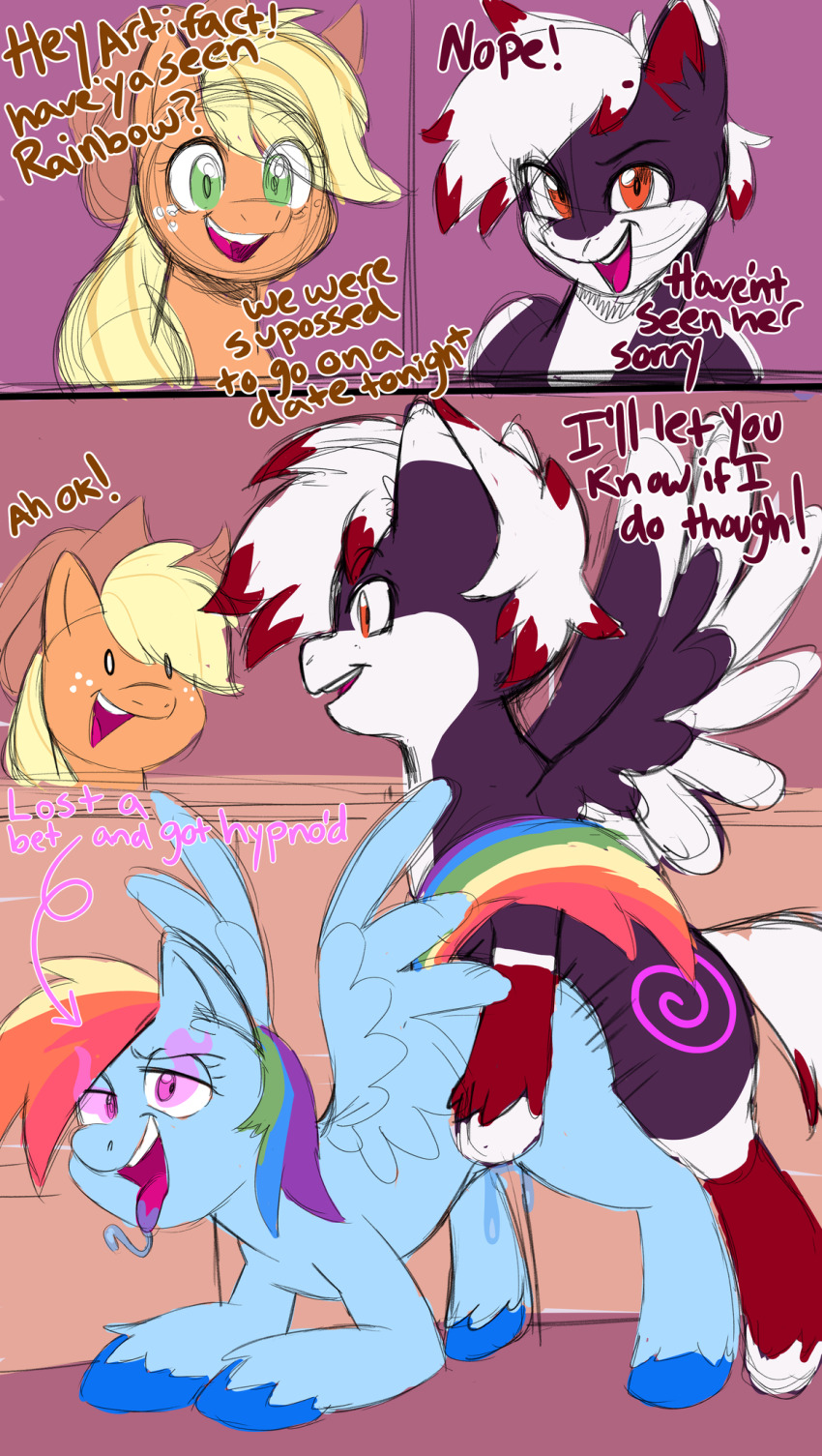 animals_only applejack artifact_the_fox ass blonde_hair cheating comic corruption cowboy_hat doggy_style drool femsub from_behind glowhorn green_eyes horse maledom my_little_pony netorare orange_eyes original pegasus pink_eyes pussy_juice rainbow_dash rainbow_hair red_hair sex smug spiral text tongue tongue_out vaginal white_hair wings