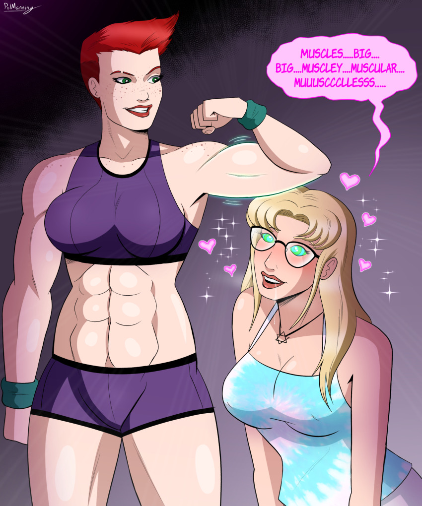 abs aurora_(jabberwocky) blonde_hair blush breasts chuck_(jabberwocky) cleavage drool female_only femdom femsub glasses green_eyes happy_trance heart hypnotic_muscles kaa_eyes long_hair love midriff multiple_girls muscle_girl necklace open_mouth original polmanning red_hair short_hair smile text