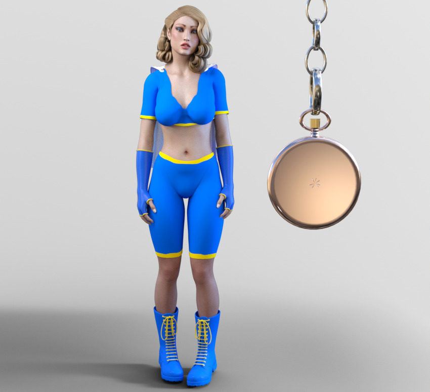 3d blonde_hair boots cape female_only fingerless_gloves gloves makeup mcrocks midriff original pocket_watch solo super_hero unhappy_trance white_background