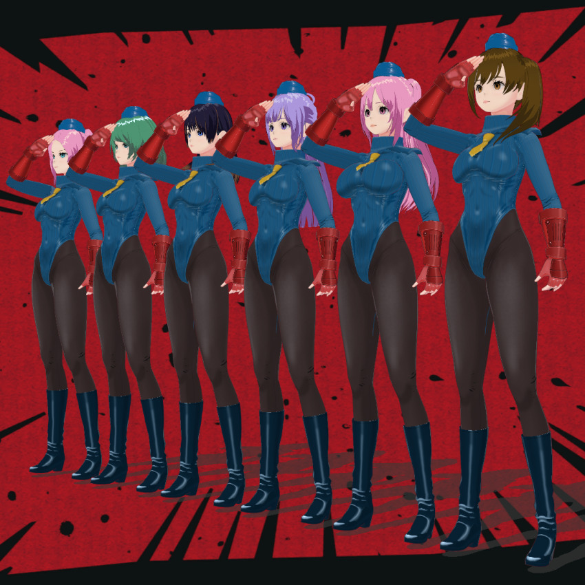 1q001 3d bangs black_hair blue_eyes boots breasts brown_eyes brown_hair dead_or_alive elise_(dead_or_alive) empty_eyes expressionless female_only femsub fingerless_gloves fiona_(dead_or_alive) gloves green_eyes green_hair hat honoka_(doa) leotard long_hair misaki_(dead_or_alive) multiple_girls multiple_subs nanami_(dead_or_alive) pantyhose pink_eyes pink_hair purple_eyes purple_hair red_background saluting shadaloo_dolls short_hair shoulder_pads side_ponytail standing standing_at_attention street_fighter tamaki_(dead_or_alive) tie vroid