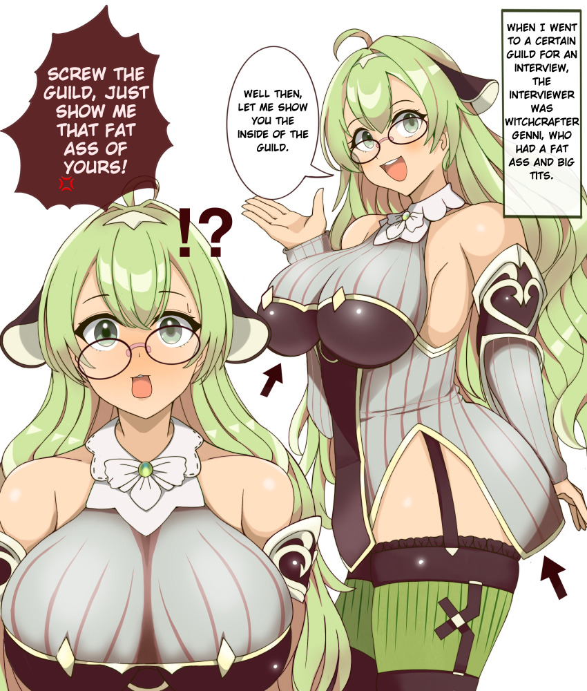 absurdres ahoge arm_warmers bare_shoulders blush breasts cleavage clothed confused dialogue english_text espkiriyama female_only garter_straps glasses green_eyes green_hair hard_translated huge_breasts long_hair simple_background smile speech_bubble surprised text thighhighs translated white_background witchcrafter_genni yu-gi-oh!