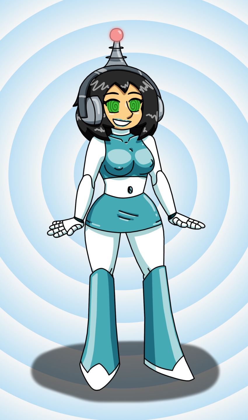 antenna armor black_hair boots cosplay drone fembot femsub green_eyes happy_trance headphones jenny_wakeman latex lipstick original robot robot_girl robotization short_hair skirt smile spiral_background spiral_eyes suit supertechno324 tech_control