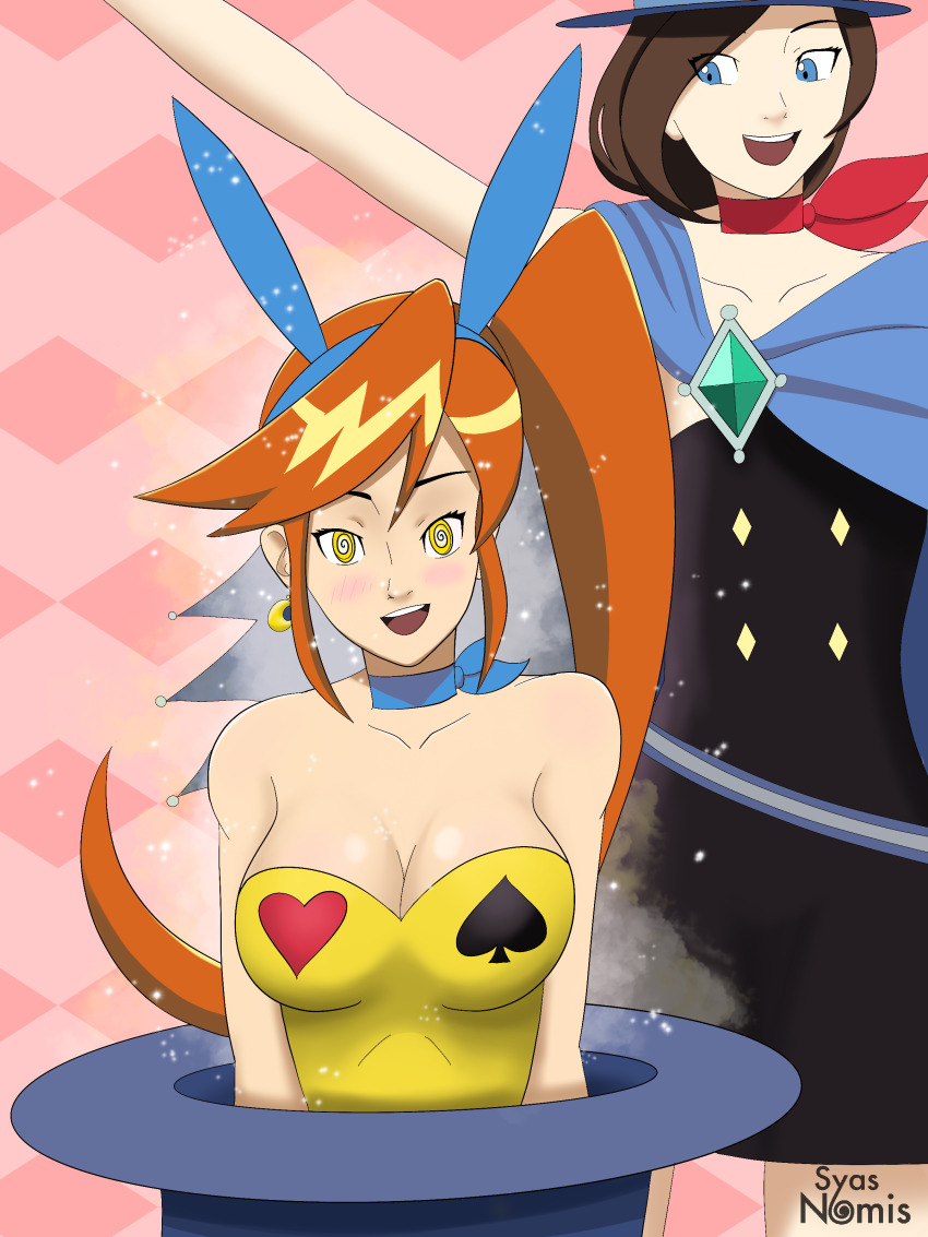 absurdres ace_attorney athena_cykes blue_eyes breasts brown_hair bunny_ears bunnysuit choker cleavage earrings fake_animal_ears femdom femsub happy_trance hat jewelry large_breasts magician orange_hair ponytail spiral_eyes syas-nomis symbol_in_eyes trucy_wright yellow_eyes