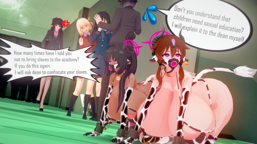 3d all_fours angry ass bangs bell_collar black_hair blonde_hair breasts brown_hair cleavage cow_girl cow_print cuffs dark_skin elena_(artist) elena_(elena_artist) elf_ears empty_eyes erect_nipples erect_nipples_under_clothes femsub gag gloves halo happy_trance heart heart_eyes high_heels horns hyper_breasts inoue_takina koikatsu! long_hair lycoris_recoil maledom mask microchip multiple_girls multiple_subs nipple_piercing nishikigi_chisato open_mouth opera_gloves piercing pink_eyes school_uniform short_hair socks speech_bubble standing symbol_in_eyes tail tech_control text thick_thighs tie twintails wide_hips