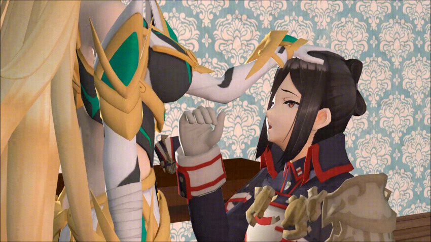 3d animated animated_gif black_hair blonde_hair breasts clothed dazed distortingreality female_only femdom femsub gloves large_breasts long_hair mòrag_ladair mythra_(xenoblade) nintendo open_mouth opera_gloves oral short_hair simulated_fellatio simulated_handjob xenoblade_chronicles xenoblade_chronicles_2 yuri