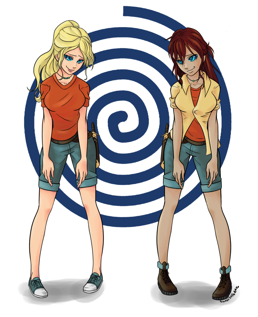 annabeth_chase blonde_hair breasts brown_hair dazed femsub happy_trance large_breasts limp multiple_girls multiple_subs necklace percy_jackson_&_the_olympians piper_mclean ponytail shoes simple_background smile spiral spiral_eyes sweetlittleneko symbol_in_eyes weapon