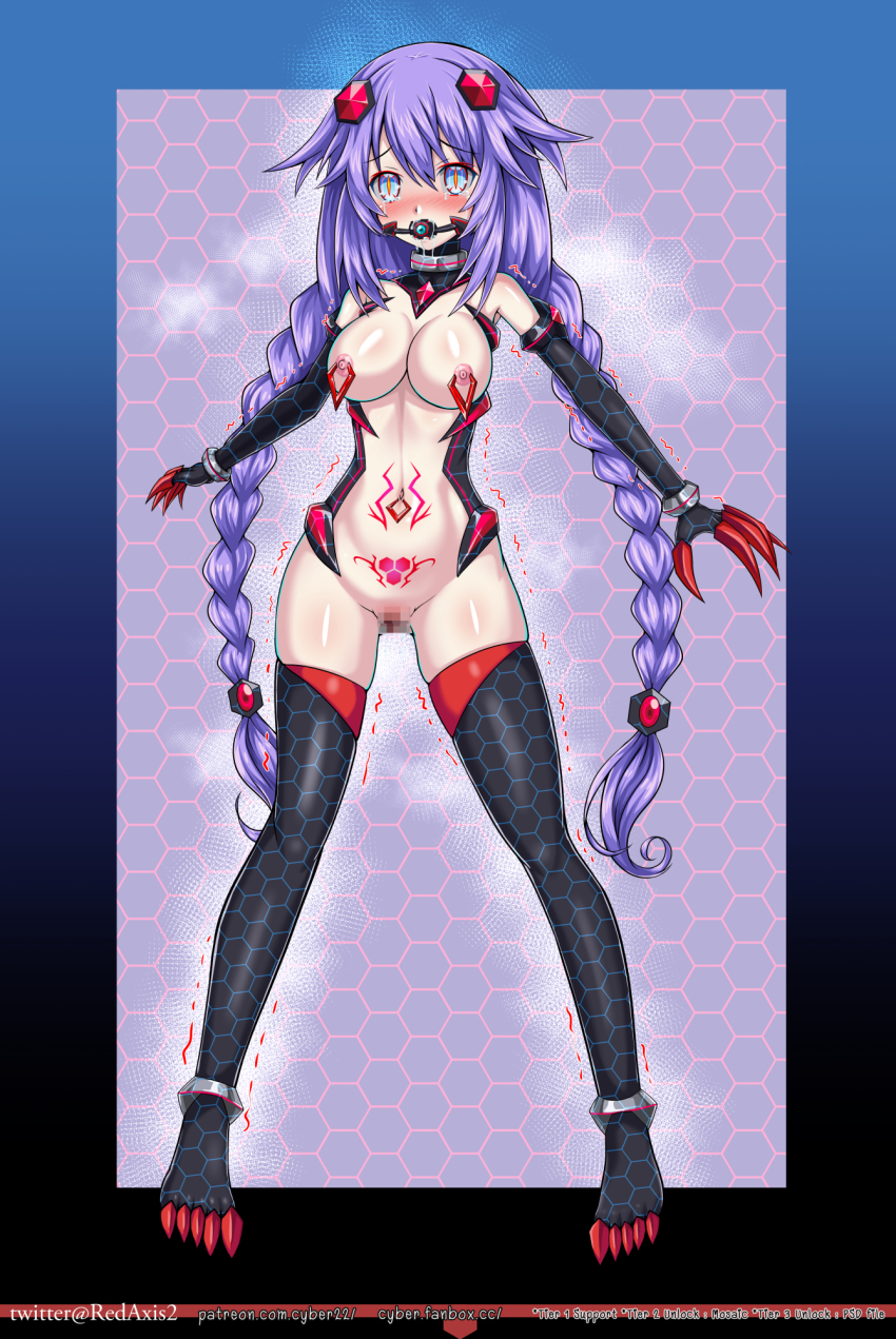 alternate_costume ball_gag bare_shoulders blue_background blue_eyes blush boots bottomless breasts censored claws collar crotch_tattoo cuffs cyber drool female_only femsub gag gloves gradient_background hair_ornament hyperdimension_neptunia large_breasts multicolored_eyes navel navel_piercing neptune_(hyperdimension_neptunia) neuroization nipple_piercing nipples opera_gloves piercing purple_hair purple_heart pussy signature solo standing tattoo tears tech_control thighhighs tight_clothing trembling twin_braids