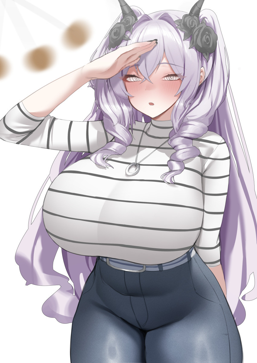 absurdres azur_lane black_nail_polish blush breasts clothed drill_hair female_only femsub flower flower_in_hair horns huge_breasts looking_at_viewer nail_polish necklace open_mouth pants pendulum purple_hair saluting shirt simple_background solo spiral_eyes terigumi tiger_(azur_lane) twintails very_long_hair