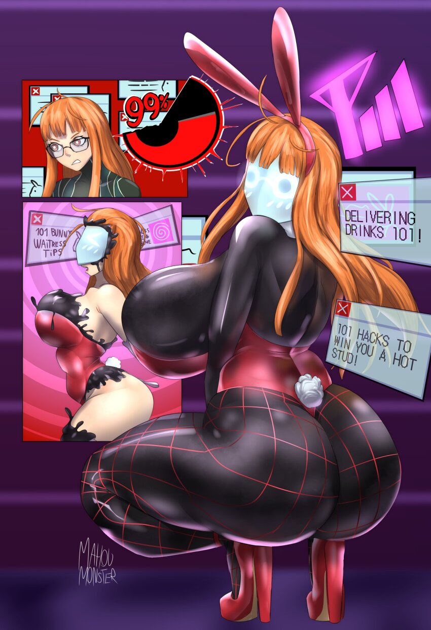 breasts bunny_ears bunny_girl bunnysuit enemy_conversion female_only femsub fishnets futaba_sakura gameplay_mechanics glasses high_heels huge_breasts long_hair mahoumonsterart mask orange_eyes orange_hair pantyhose persona_(series) persona_5 posing progress_indicator shadow_bunny signature slime solo squatting