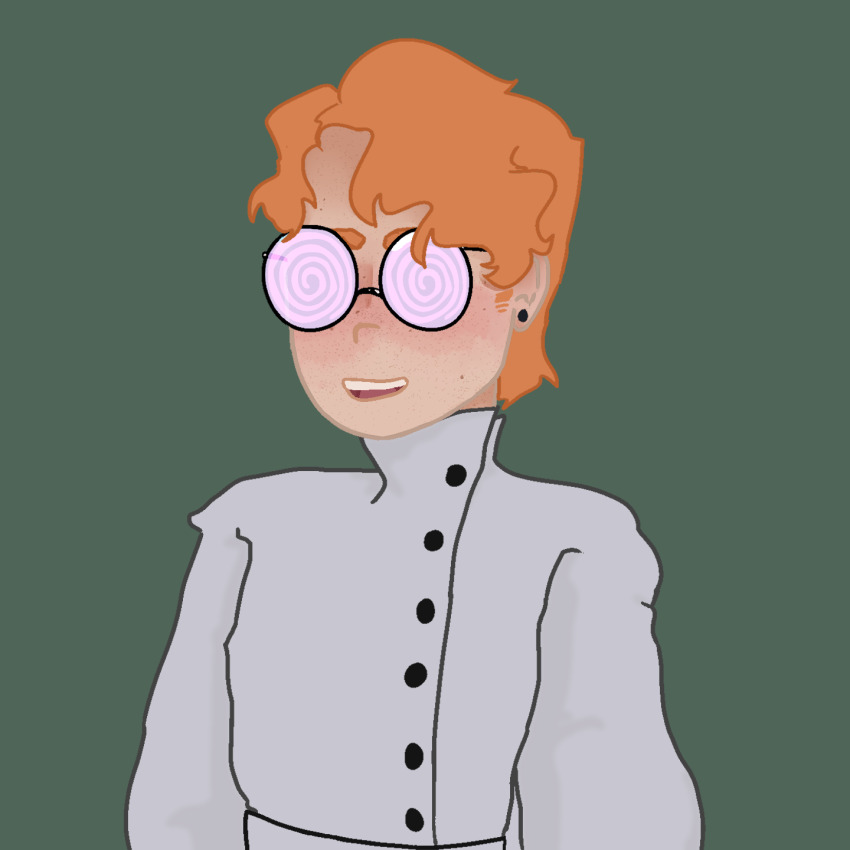 blush earrings glasses green_background happy_trance lab_coat malesub orange_hair original piercing riley_(hypnoposting) smile spiral transgender_identity transmasc