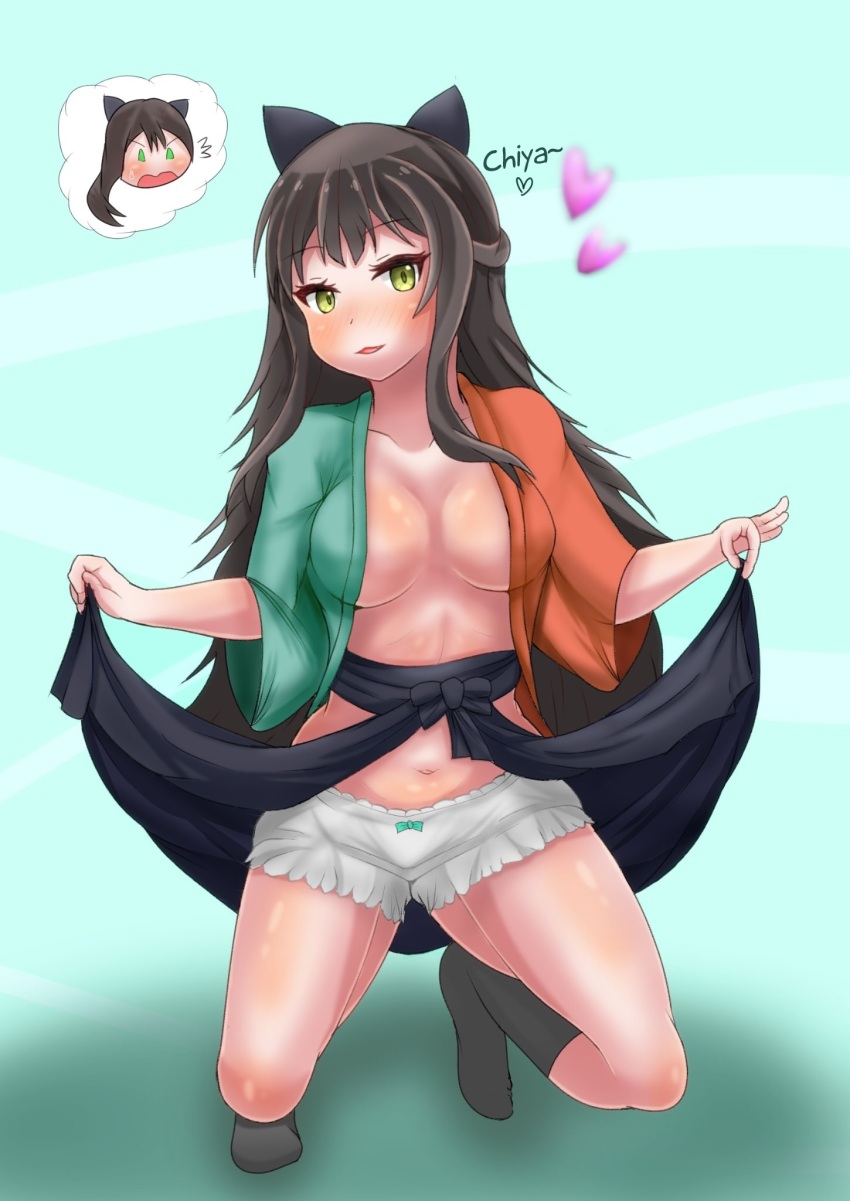 blush bow breasts brown_hair collarbone female_only femsub heart kimono kon_tatsumi large_breasts long_hair messy_hair navel open_clothes open_mouth possession simple_background skirt skirt_lift smile socks spread_legs squatting sura_sura text thought_bubble topless underwear undressing urara_meirochou yellow_eyes yuri