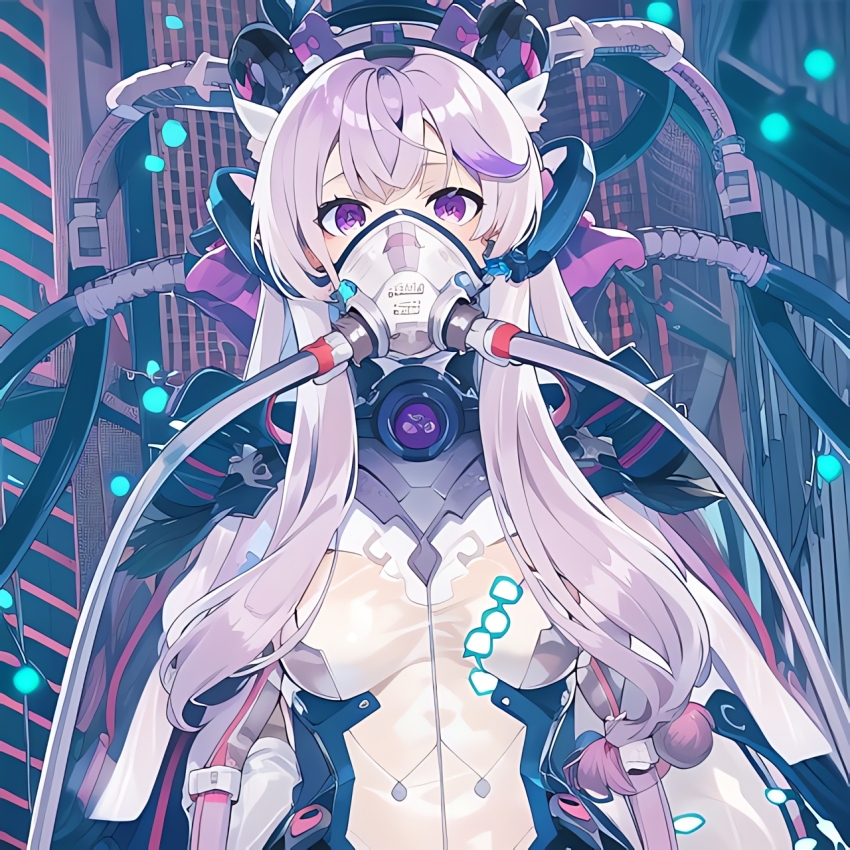 ai_art bodysuit breasts cables cape corruption empty_eyes female_only femsub headphones long_hair oxygen_mask purple_eyes purple_hair restrained see-through shi-ku_(generator) small_breasts solo tech_control wires