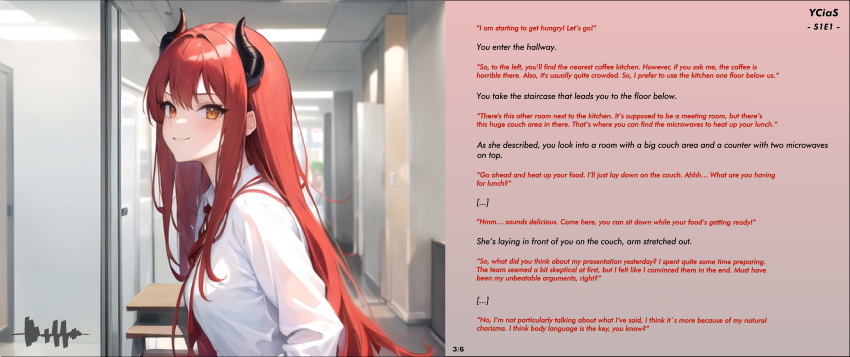 ai_art blowjob_face breasts caption caption_only demon demon_girl dittouh_(generator) femdom horns hypnotic_breasts male_pov malesub orgasm red_hair story succubus text