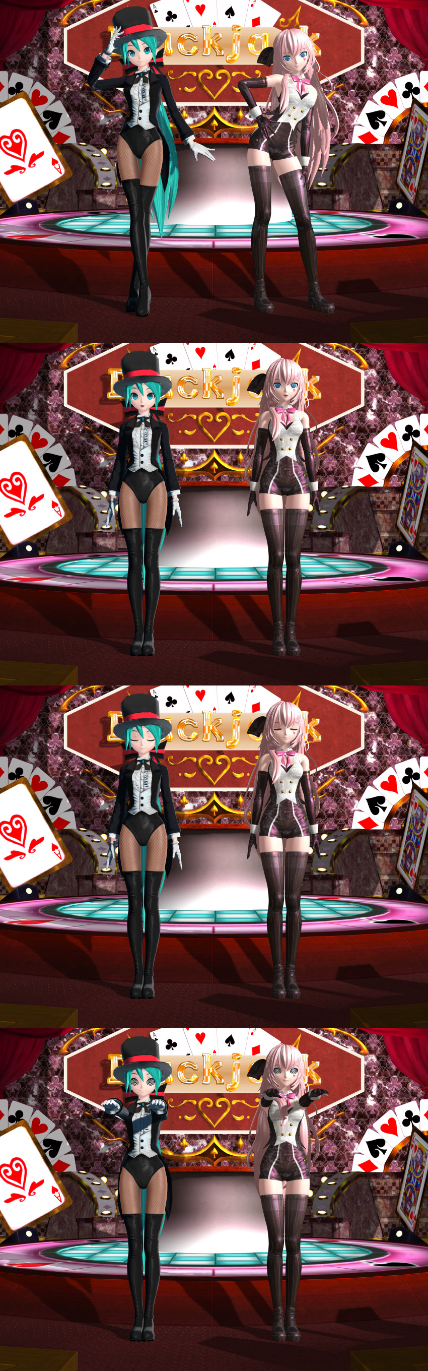 3d absurdres boots empty_eyes expressionless femsub fishnets gloves happy_trance leotard long_hair luka_megurine magician miku_hatsune mmd opera_gloves ponytail ring_eyes standing standing_at_attention suit thigh_boots top_hat vocaloid zombie_walk