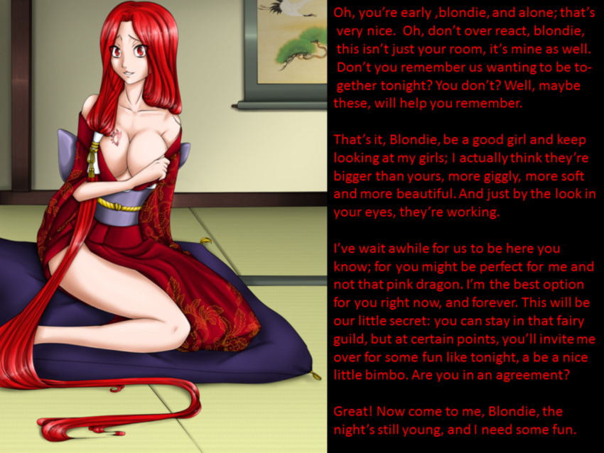 blush breasts caption cleavage fairy_tail female_only femdom femsub flare_corona godofwar99_(manipper) large_breasts long_hair manip pov pov_sub red_eyes red_hair text undressing very_long_hair