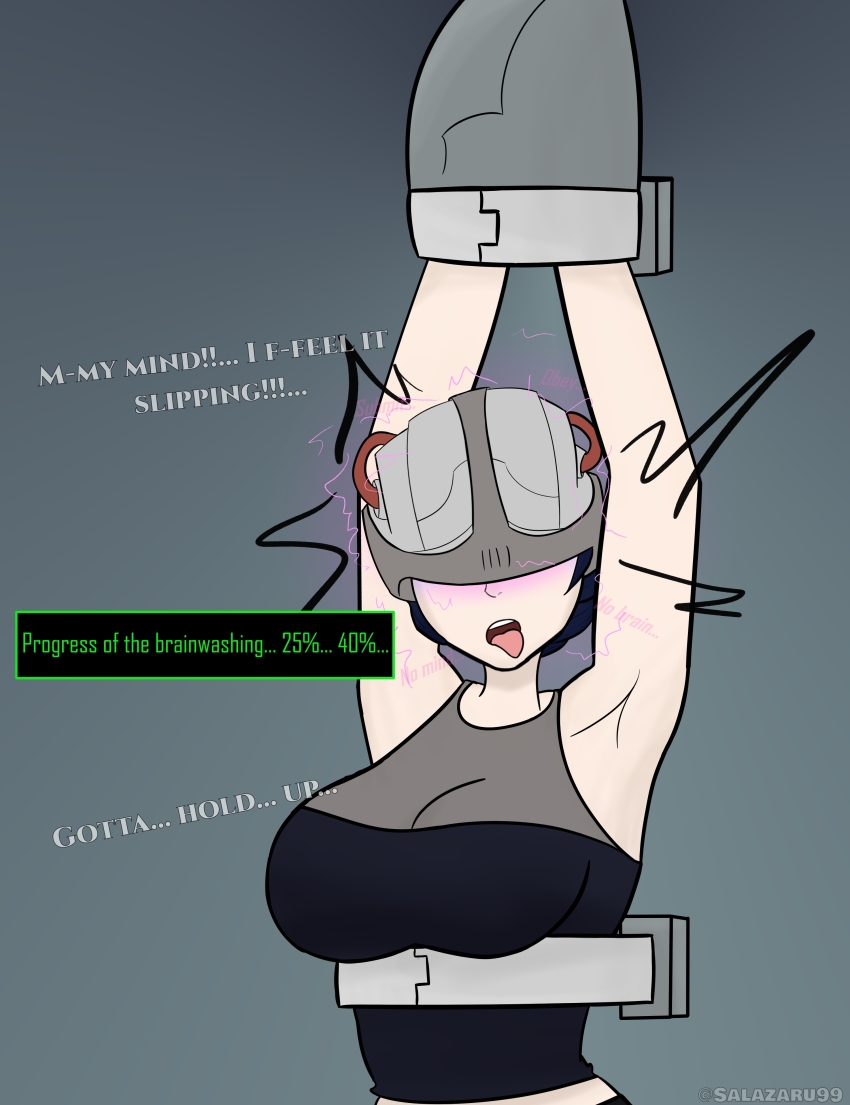 arms_above_head black_hair brain_drain breasts comic dialogue electricity femsub helmet infamous lucy_kuo mind_break restrained tech_control text thesalazar tongue tongue_out