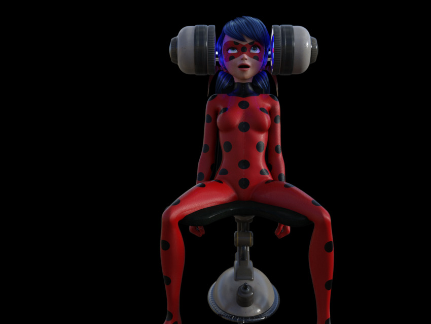3d black_background blue_eyes blue_hair bodysuit eye_roll femsub hypnovideotoo marinette_dupain-cheng mask miraculous_ladybug open_mouth simple_background sitting spread_legs standing super_hero tech_control twintails