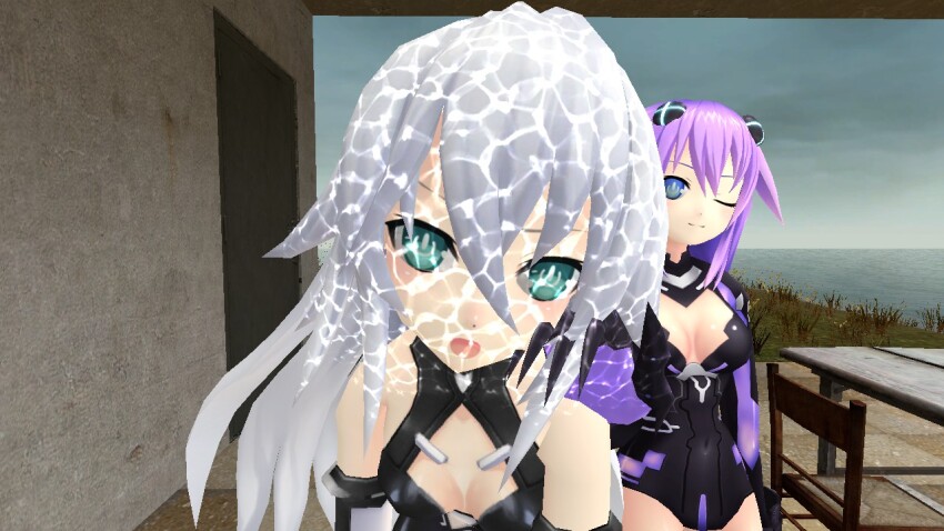 3d arkantix black_heart breasts expressionless female_only femdom femsub heterosexual hyperdimension_neptunia hypnotic_light large_breasts long_hair neptune_(hyperdimension_neptunia) noire open_mouth purple_hair purple_heart tongue tongue_out white_hair