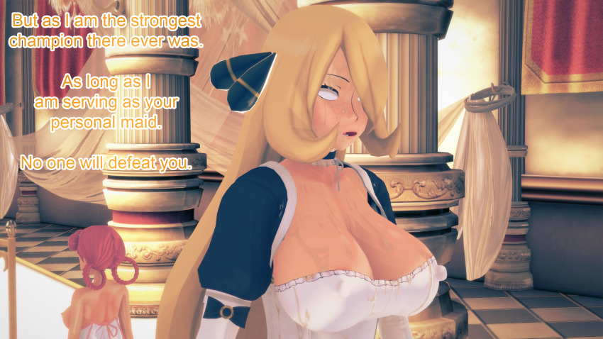 3d blonde_hair breasts choker clothed clothed_exposure covered_with_cum cum cum_on_body cynthia dialogue empty_eyes english_text expressionless female_only femsub hair_covering_one_eye maid multiple_girls multiple_subs mustardsauce nightgown nurse nurse_joy pink_hair pokemon pokemon_(anime) text white_eyes whitewash_eyes