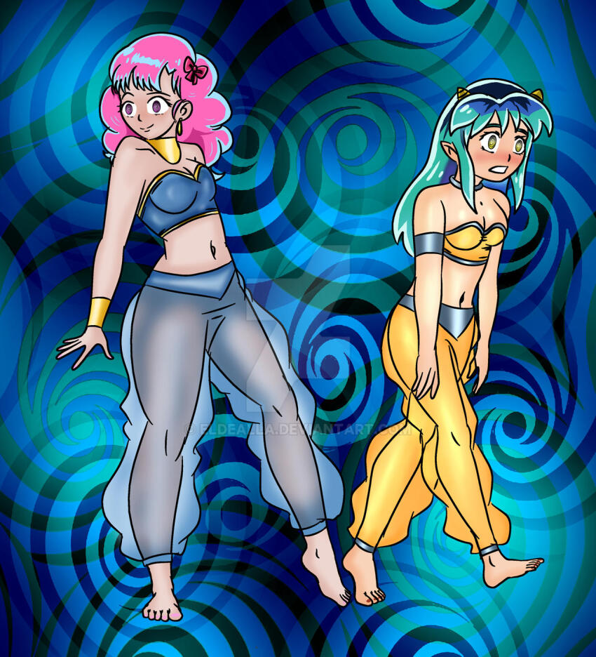 barefoot blue_hair blush dancer eldealla elf_ears femsub green_hair harem_outfit horns long_hair lum oni_girl pink_hair ran_(urusei_yatsura) spiral_background spiral_eyes urusei_yatsura