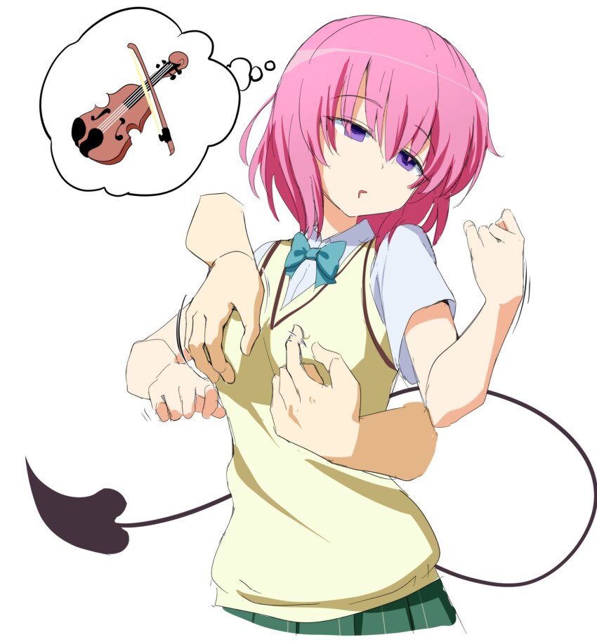 altered_perception bangs breast_grab breasts clothed empty_eyes etlabsotwe femsub groping illusion momo_velia_deviluke pink_hair purple_eyes school_uniform simple_background tail thought_bubble to_love_ru white_background