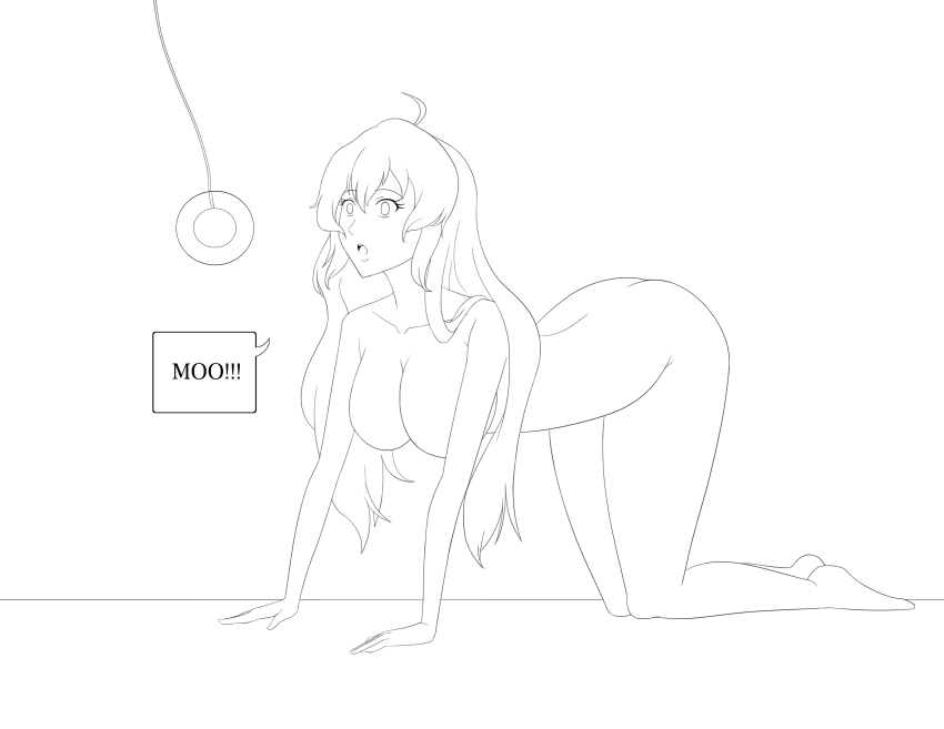 absurdres all_fours bottomless breasts coin cow_girl female_only femsub greyscale long_hair neo-izayoi nude pendulum pet_play rwby sketch solo text topless yang_xiao_long