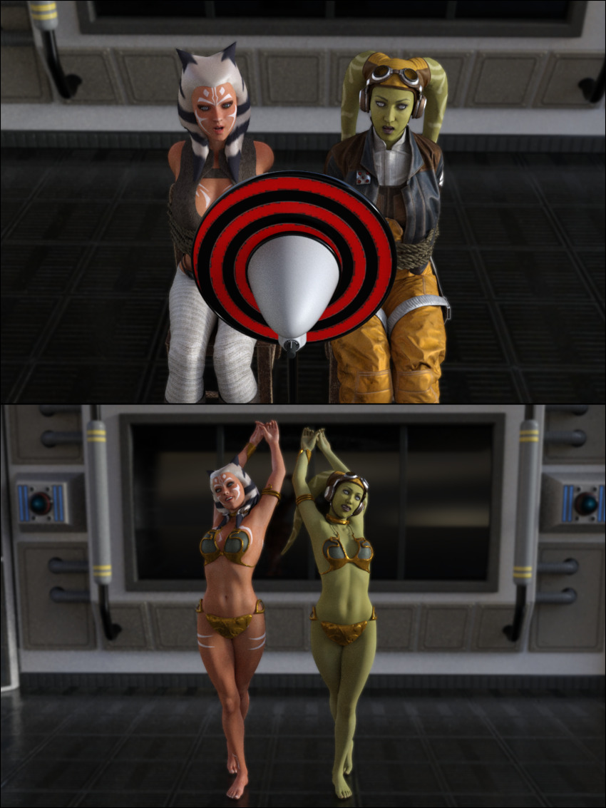 3d absurdres ahsoka_tano alien alien_girl arm_bands arms_above_head arms_behind_back bare_legs barefoot before_and_after bracelet breasts collar collarbone dancing feet female_only femsub goggles goggles_on_head green_skin happy_trance harem_outfit hera_syndulla legs midriff multiple_girls multiple_subs navel netorare orange_skin restrained sitting slave_bikini smile spiral spiral_eyes standing star_wars star_wars_rebels tentacles theheckle togruta twi'lek