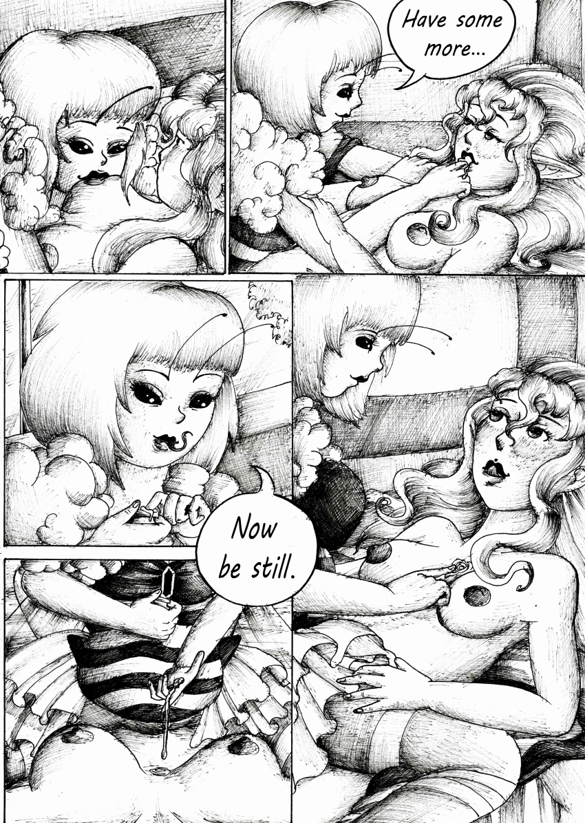 absurdres bee_girl black_sclera bottomless breasts bug_girl comic elf elf_ears female_only femdom femsub honey justsketchingviolets nude open_mouth original text tongue tongue_out topless traditional