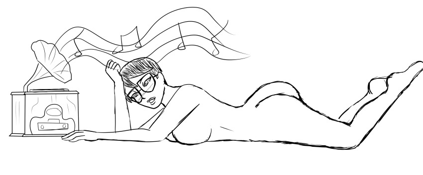 absurdres ass barefoot blush bottomless breasts cleavage female_only femsub glasses greyscale hypnotic_audio hypnotic_music lying nude open_mouth original polmanning ring_eyes short_hair sketch solo topless unhappy_trance white_background