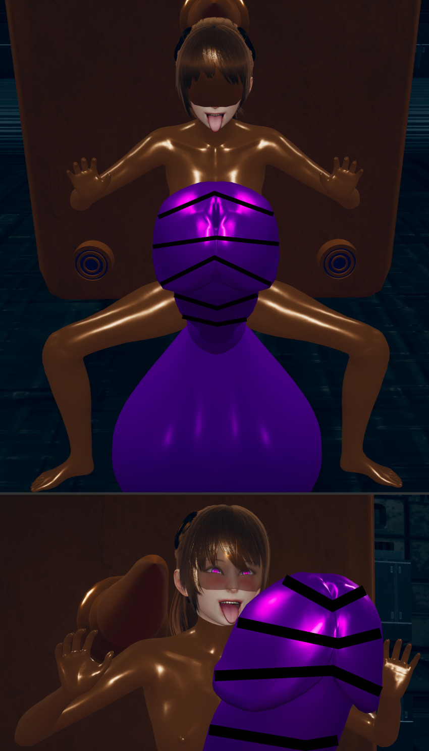 3d blindfold blush bodysuit brown_hair censored comic expressionless futanari futasub glowing happy_trance heavy_eyelids honey_select_2 hyper_cock latex murochi-san original penis pink_eyes ponytail rubber see-through slime solo spread_legs squatting tentacles tongue tongue_out