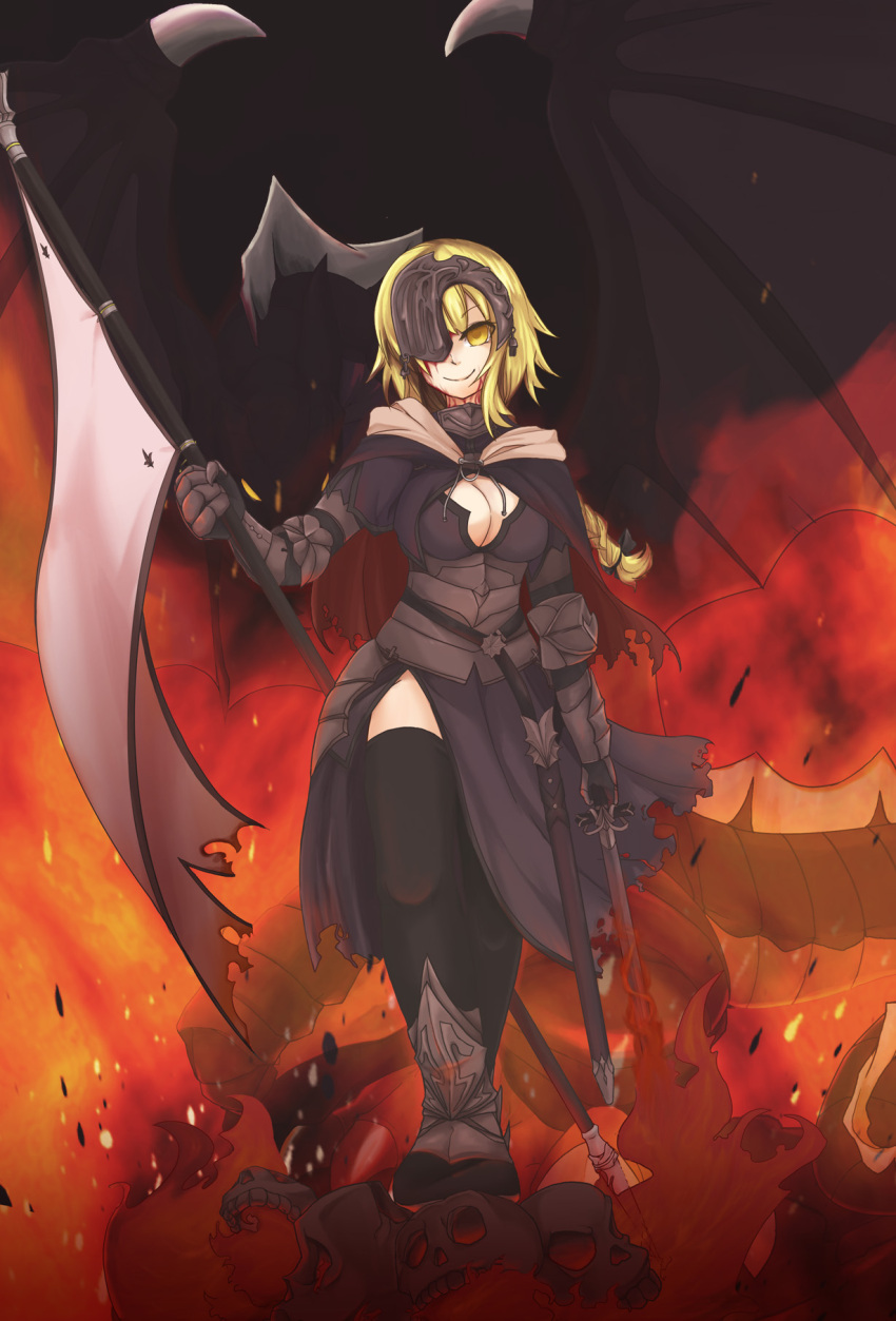 armor blonde_hair braid breasts capelin cleavage corruption dragon empty_eyes fate/apocrypha fate/grand_order fate_(series) jeanne_d'arc_(fate) large_breasts long_hair ponytail sword thighhighs weapon wings yellow_eyes