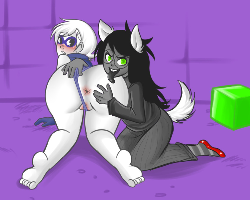 animal_ears ass barefoot black_hair corruption dog_girl feet femsub glasses glowing glowing_eyes homestuck jade_harley long_hair ms_paint_adventures pussy roxy_lalonde tongue tongue_out white_hair