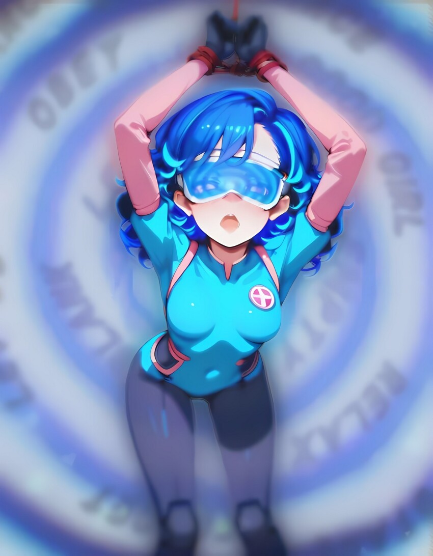 ai_art arms_above_head bangs blue_background blue_eyes blue_hair blush bondage curly_hair dazed female_only femsub gloves hypnotic_spiral jinio_(generator) leaning_forward open_mouth restrained rope short_hair spiral spiral_background super_hero tech_control text tight_clothing tights visor yodayo_(ai)