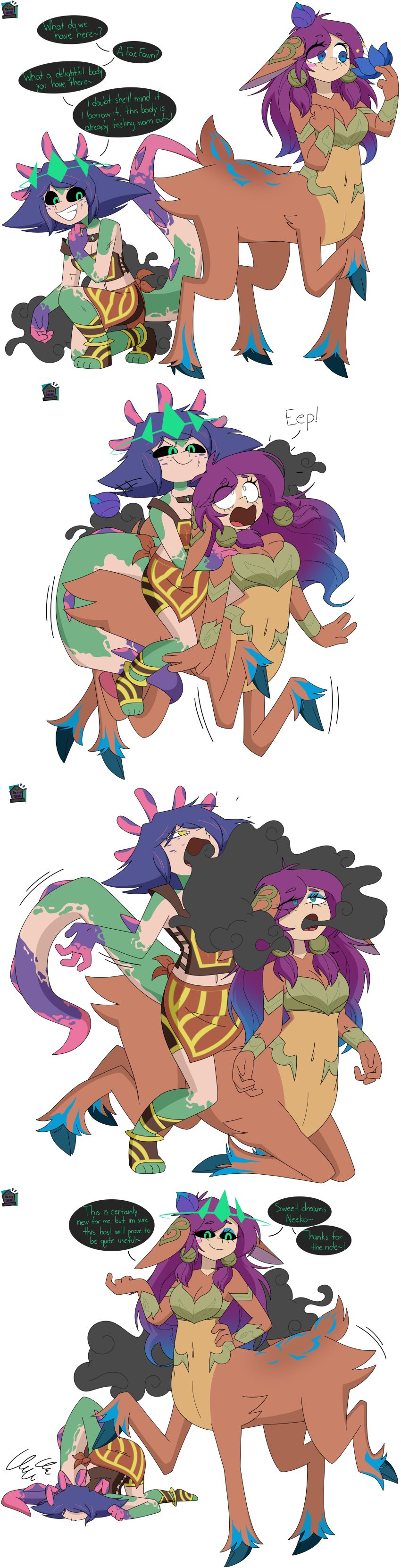 absurdres bent_over black_sclera body_swap breasts cleavage comic control_indicator dez_a_sketch dezzy eye_color_change eyeshadow femsub green_eyes hand_on_hip hypnotized_dom kneeling large_breasts league_of_legends maledom multicolored_hair neeko_(league_of_legends) open_mouth pink_hair possession purple_hair restrained royalty ruination shrunken_irises simple_background smile standing tail text viego_(league_of_legends) white_background white_eyes wounds yellow_eyes