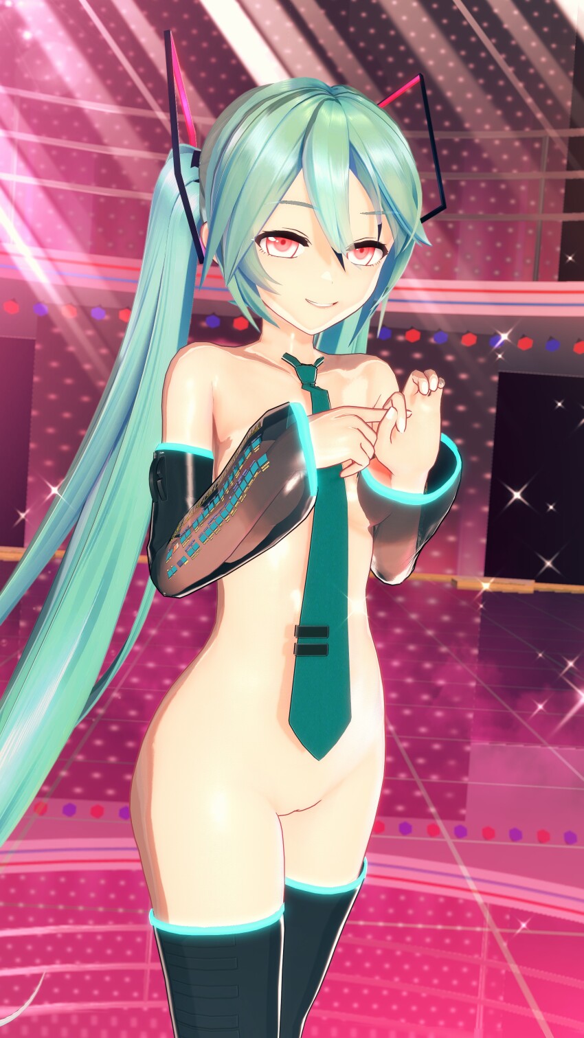3d arm_warmers blue_hair boots bottomless breasts clothed_exposure cyan_hair erect_nipples evil_smile female_only femsub heavy_eyelids koikatsu! looking_at_viewer microphone miku_hatsune red_eyes sexually_suggestive small_breasts smile solo standing taihou1944 thigh_boots thighhighs tie topless twintails very_long_hair vocaloid