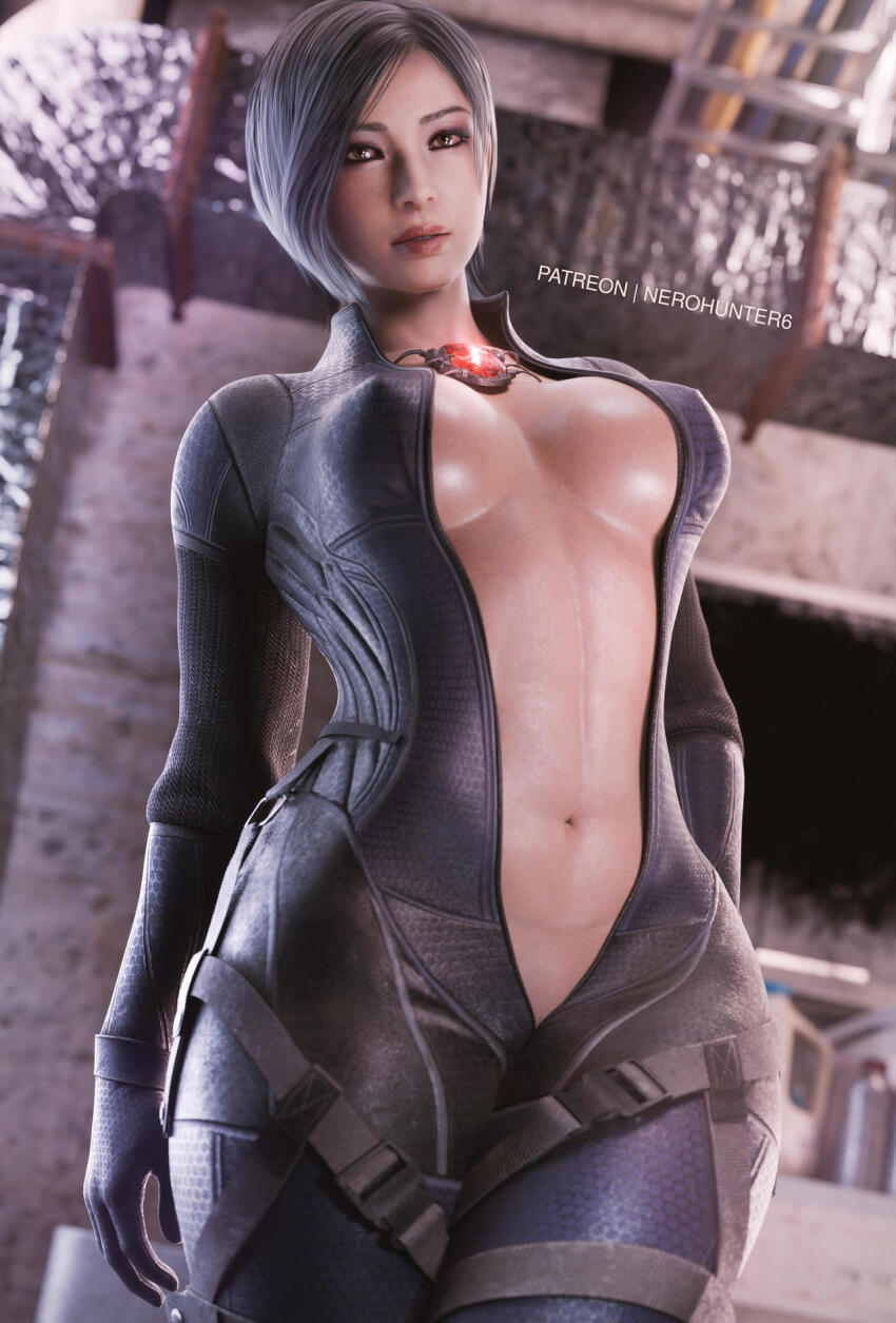 3d abs ada_wong black_hair bodysuit breasts erect_nipples erect_nipples_under_clothes eyeshadow female_only femsub garter gloves large_breasts lipstick looking_at_viewer makeup navel nerohunter3d open_clothes p30 resident_evil short_hair solo tech_control watermark