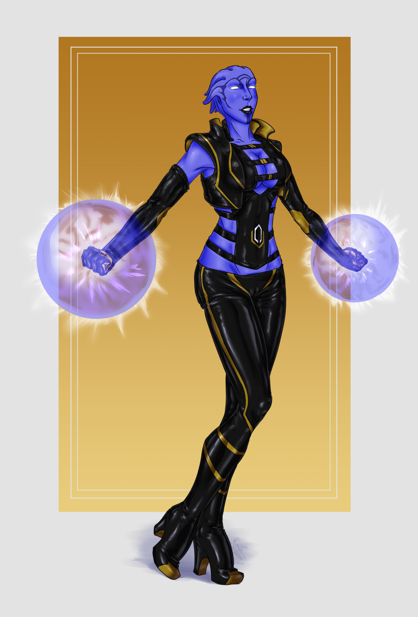 absurdres alien alien_girl alternate_costume aria_t'loak blue_skin blush breasts cleavage corruption evil_smile female_only femsub gloves glowing glowing_eyes high_heels large_breasts latex mass_effect opera_gloves rotem_dishon simple_background smile solo tattoo tech_control whitewash_eyes